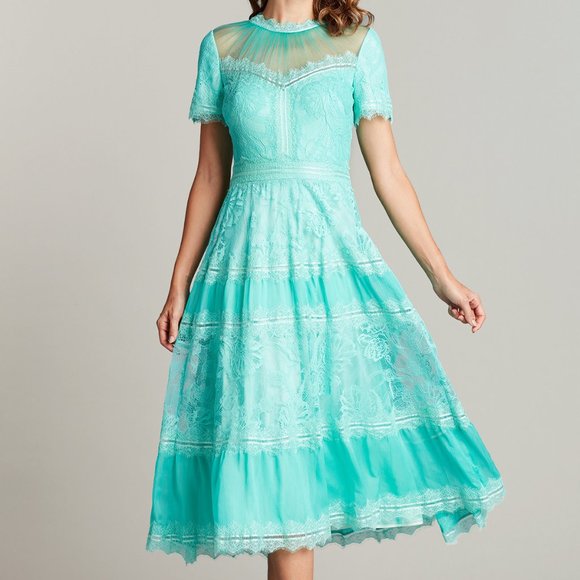 NWT TADASHI SHOJI CAMILLA TEA-LENGTH DRESS - LUMINOUS COLLECTION Aqua/Marine